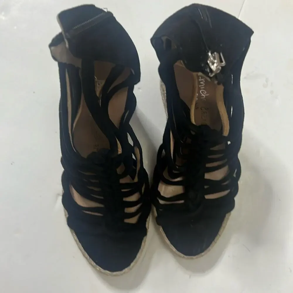 JEAN MICHEL CAZABAT ESPADRILLES WEDGE PLATFORM BLACK‎ SUEDE SHOES SIZE 38 1/2